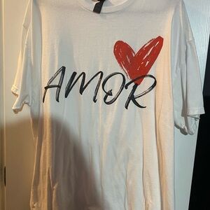 White T-Shirt with Red Heart and 'AMOR' Print